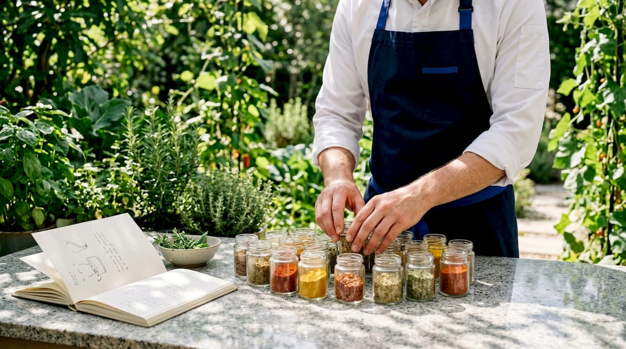 Chef sorting gourmet spices and condiments