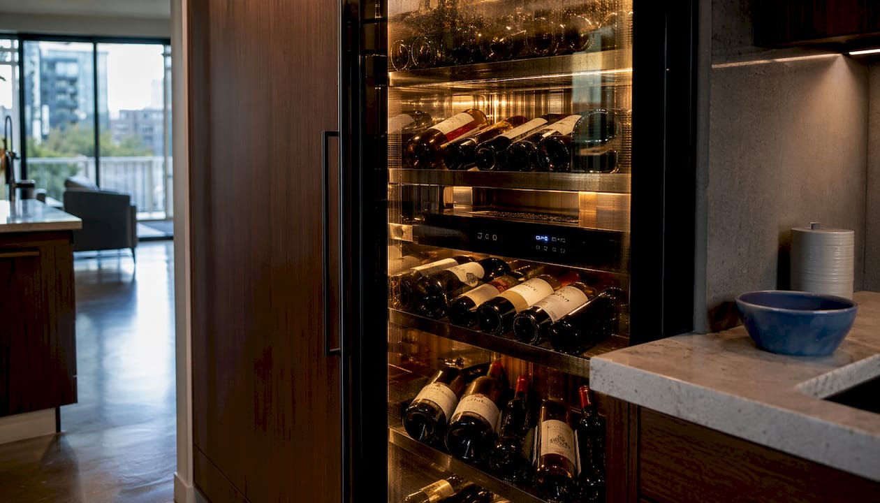 Thermoelectric wine refrigerator interior with bottles