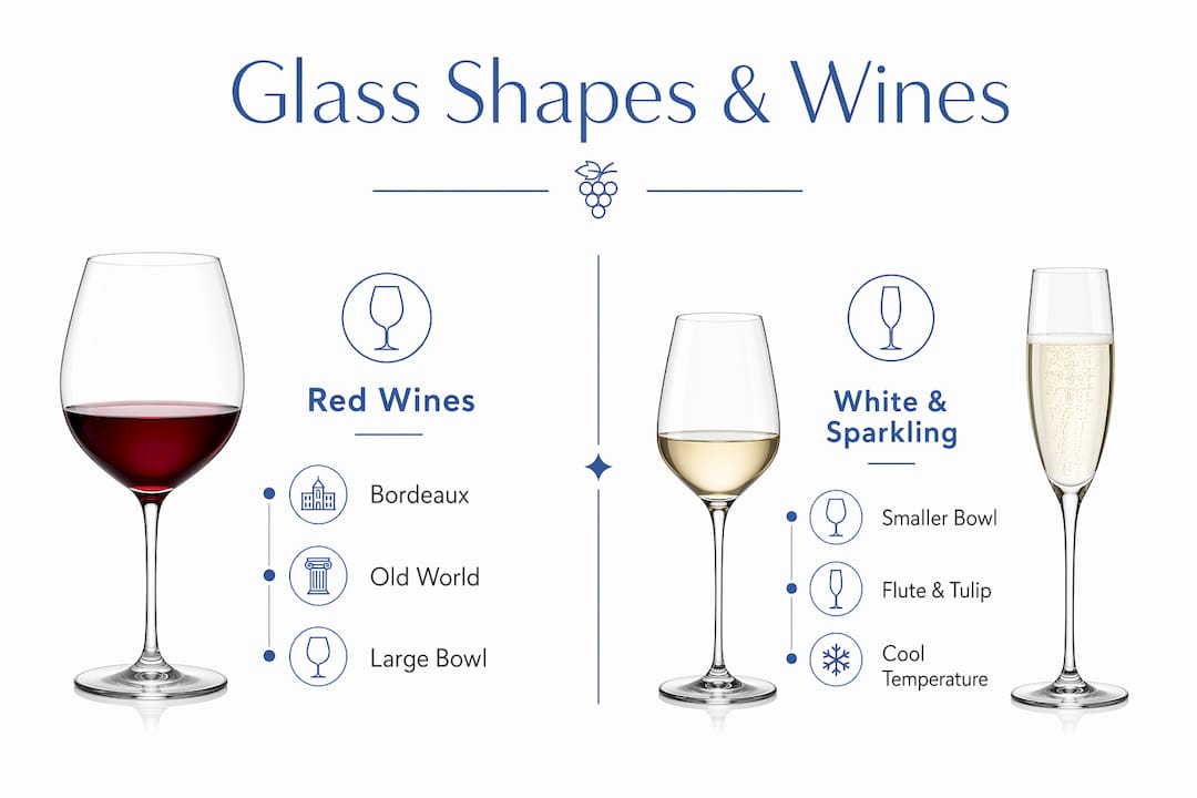 Infographic comparing red vs white wine glass shapes