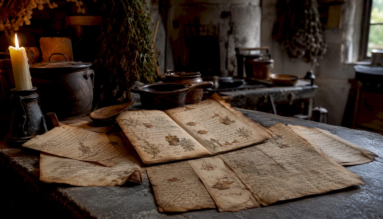 Close-up of historical French cooking manuscripts
