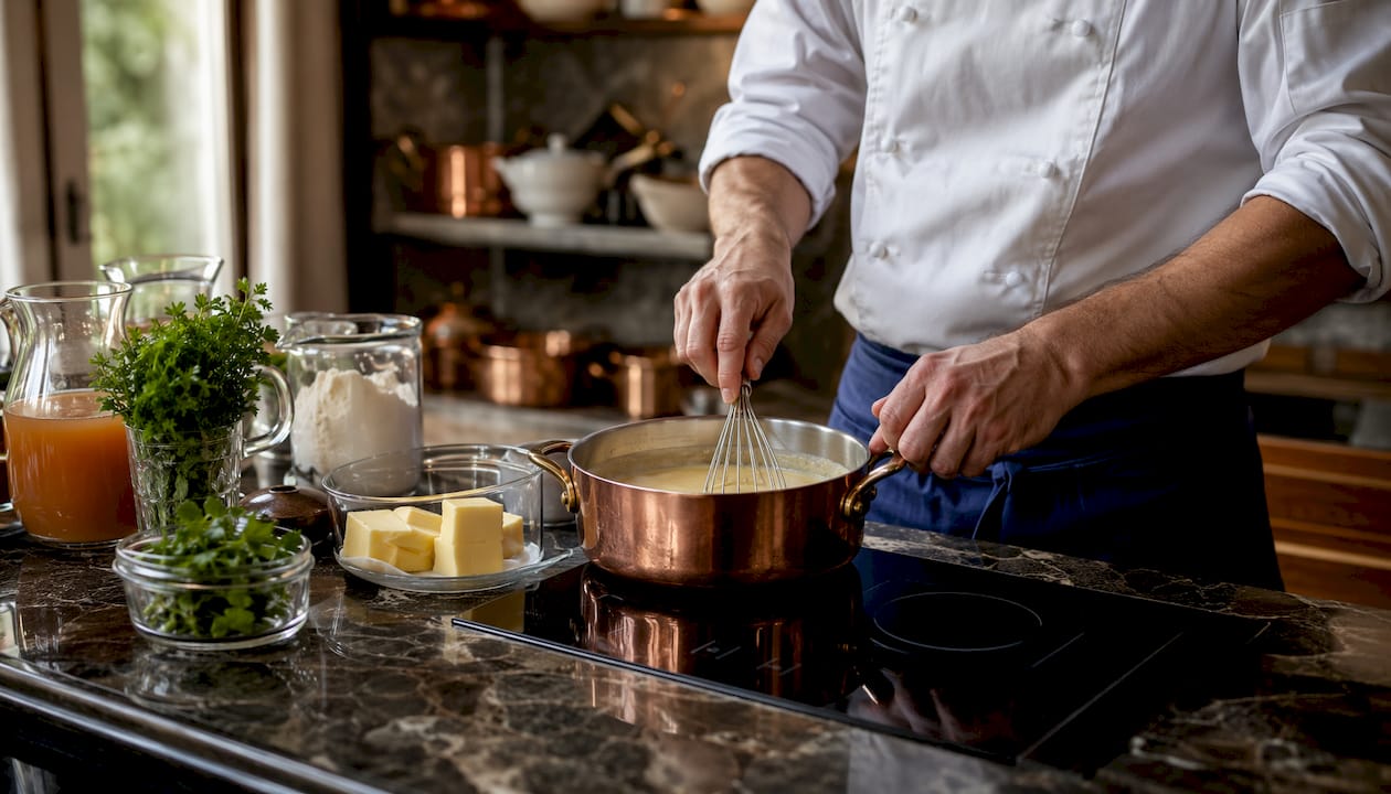 Chef whisking sauce demonstrating French culinary technique