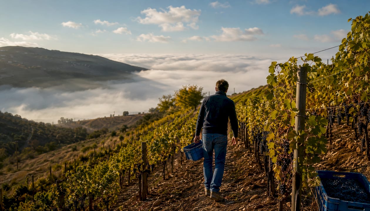 Steep vineyard slope with morning sunlight and mist