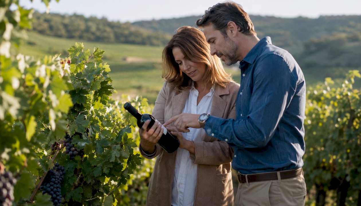 Couple selecting Cabernet Sauvignon as anniversary gift