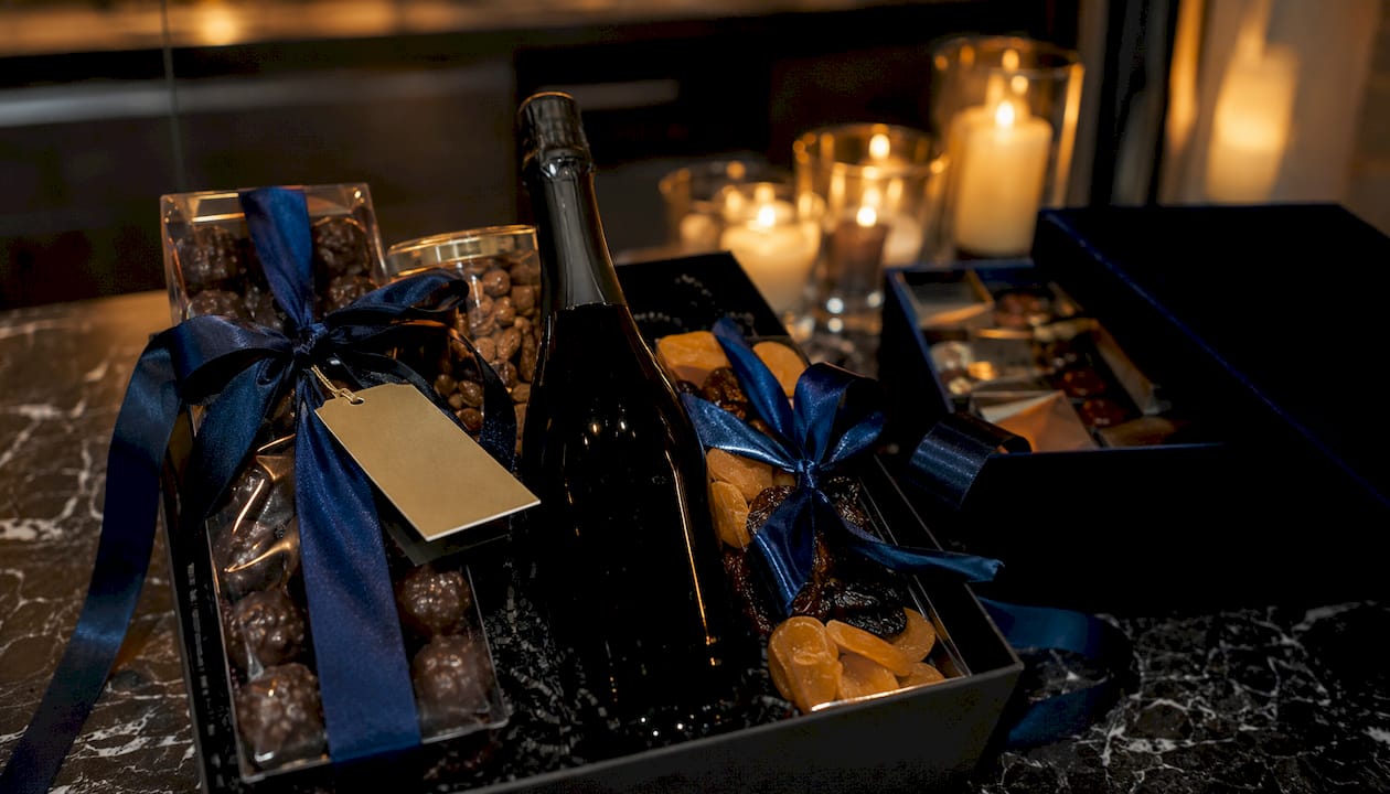 Curated sparkling wine holiday gift set overhead