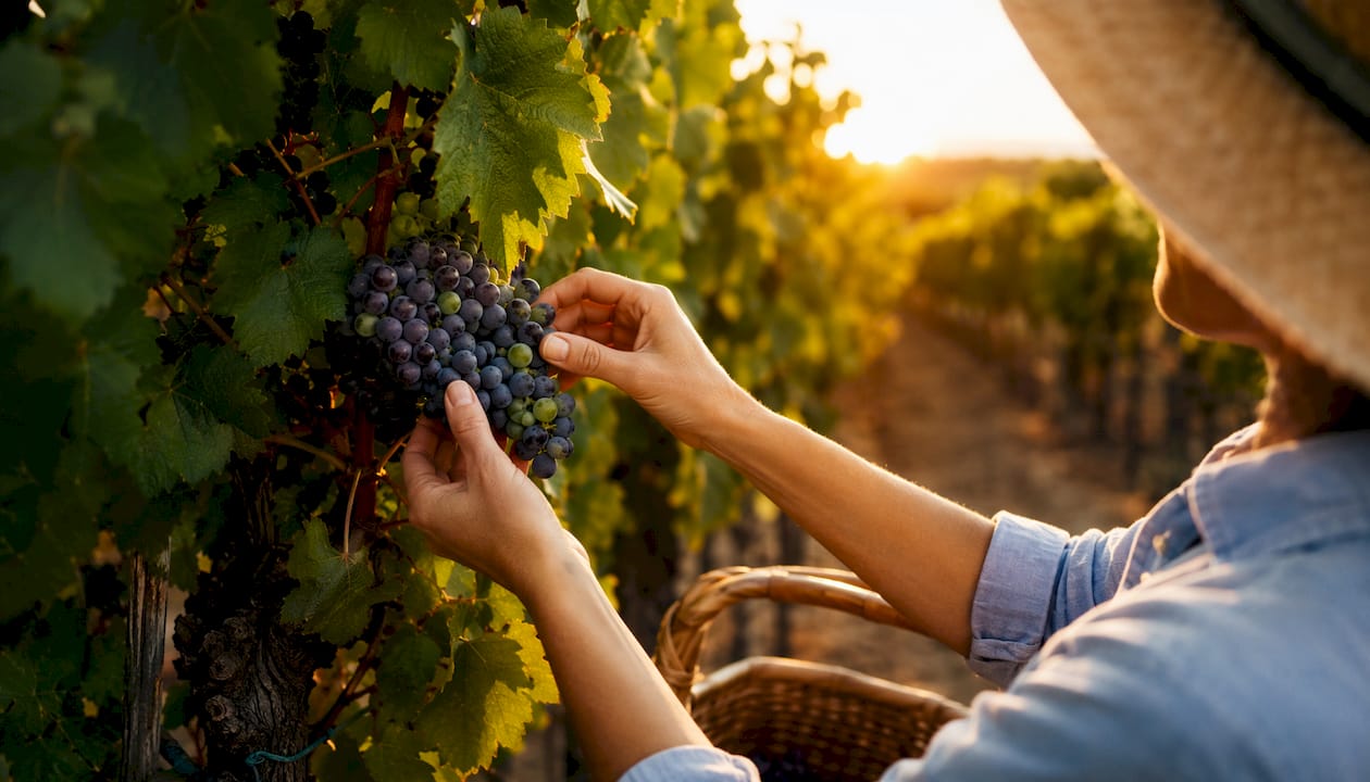 Hands harvesting grapes in vineyard