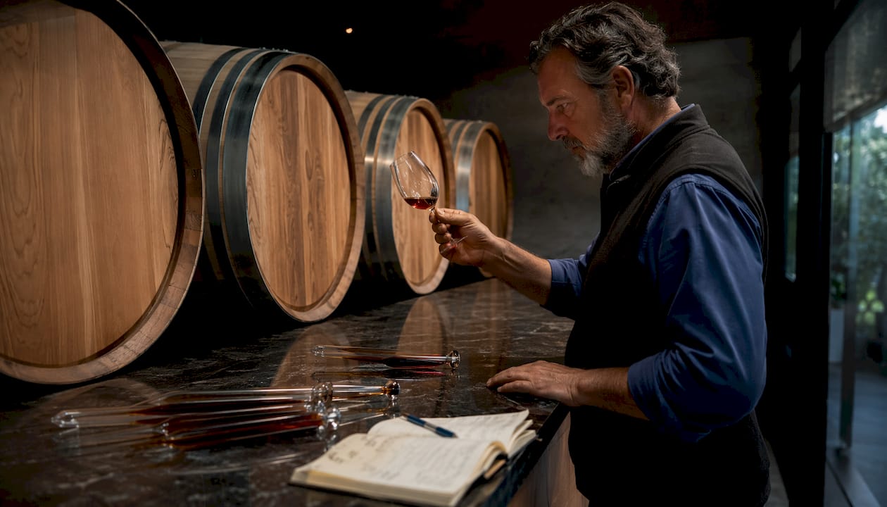 Winemaker inspecting barrels in rustic cellar