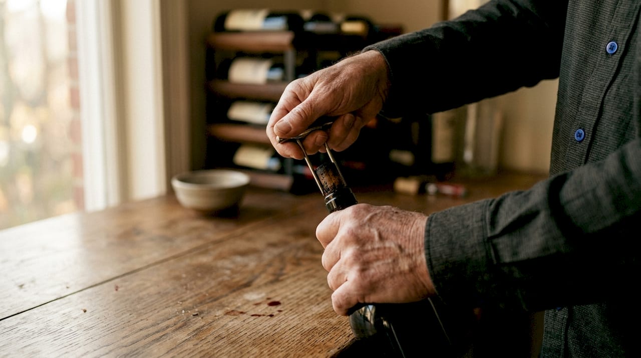 Hands extracting cork with Ah-So wine opener
