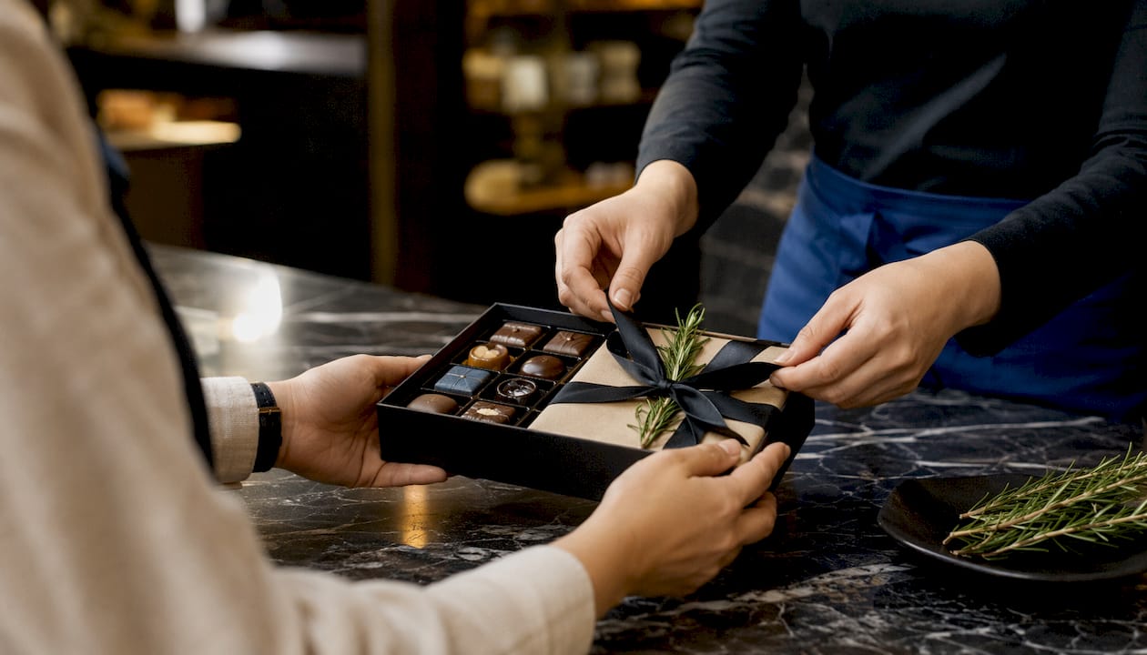 Close-up of hands presenting gourmet corporate gift