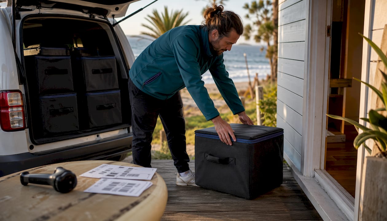 Delivery person handling gourmet gift hampers outdoors