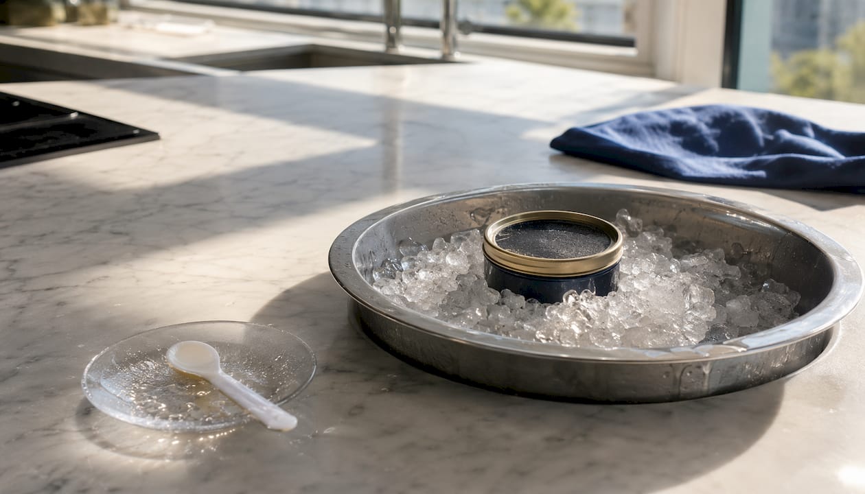 Original caviar tin in chilled insert on counter
