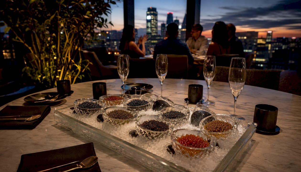 Crystal bowls with caviar on chilled tray