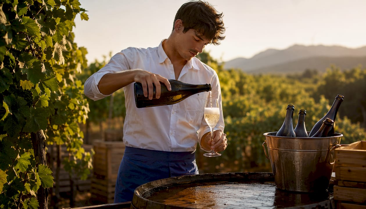 Bartender pouring Prosecco in Italian wine bar