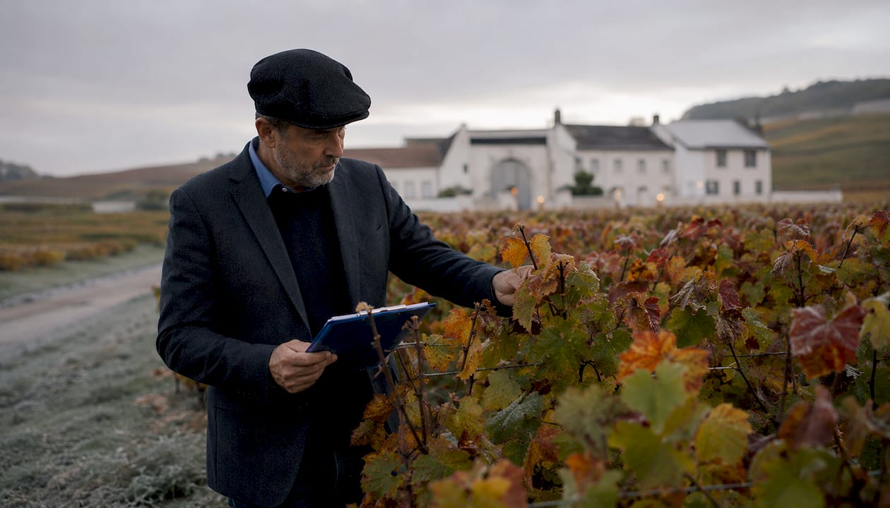 Champagne vineyard with manager inspecting grapes