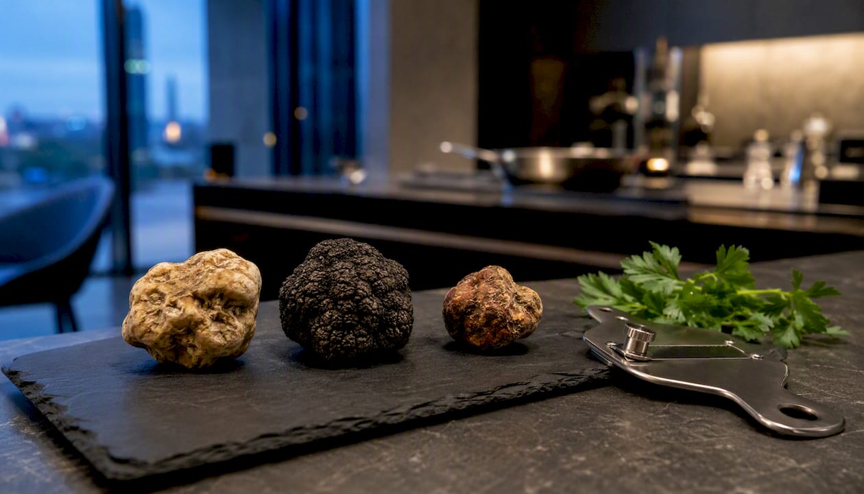 Three premium truffle varieties on a plate