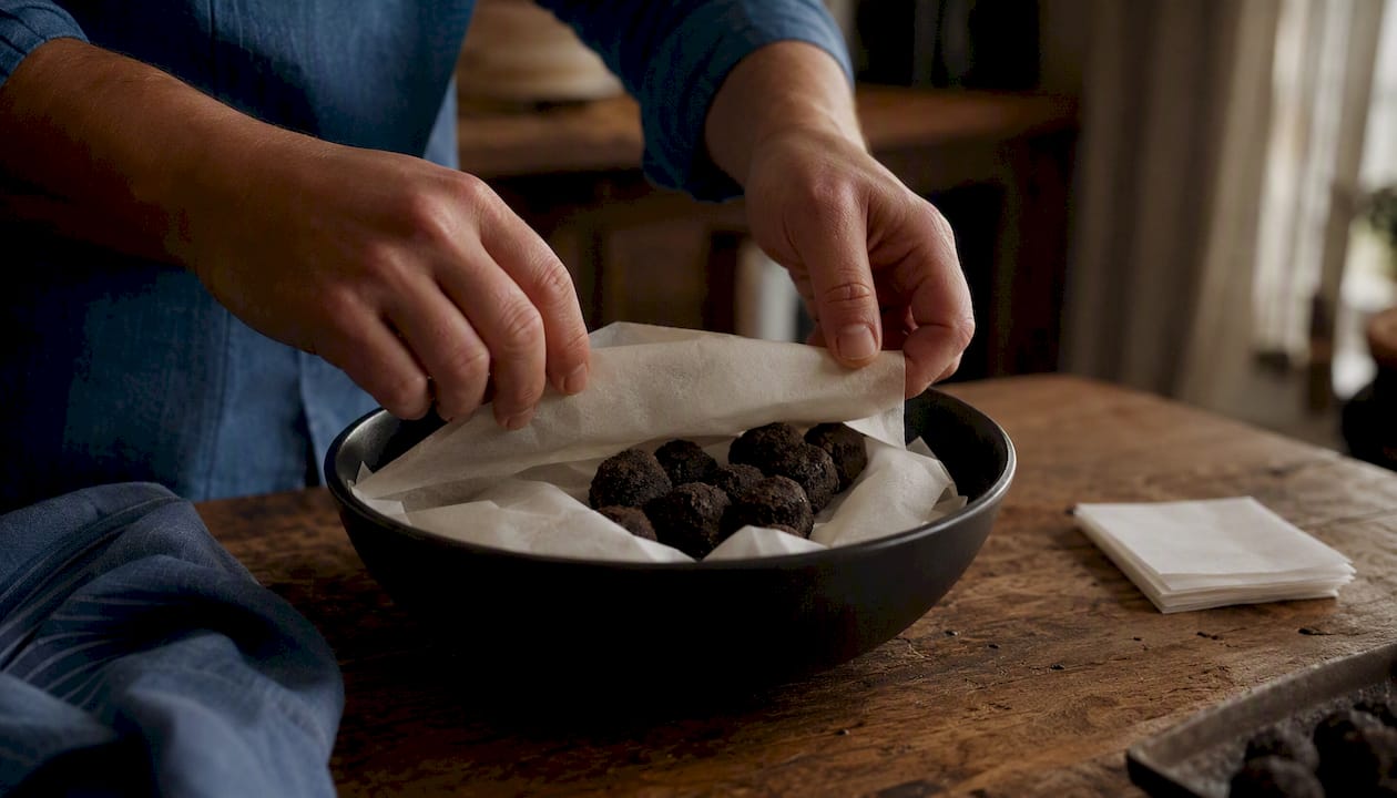 Hands wrapping truffles for storage in glass container