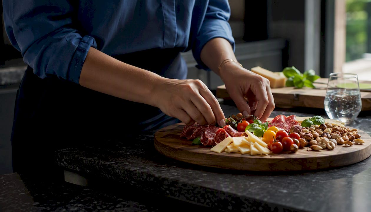 Hands arranging ingredients on charcuterie board