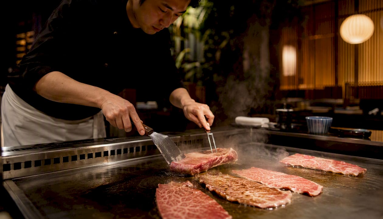Thin wagyu slices cooking on teppanyaki grill