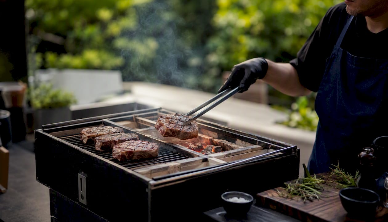 Wagyu steaks grilling over binchotan charcoal