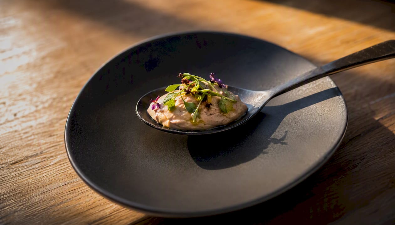 Close-up smoked eel mousse amuse-bouche