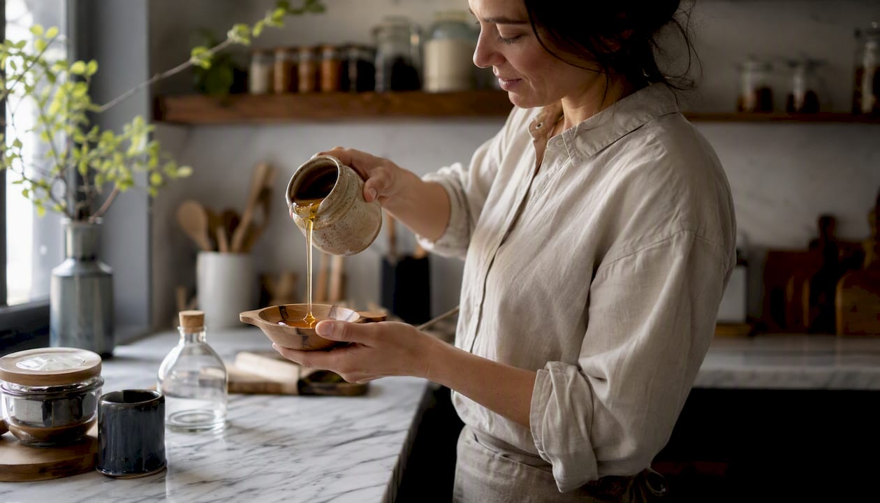 Pouring artisan honey during provenance storytelling