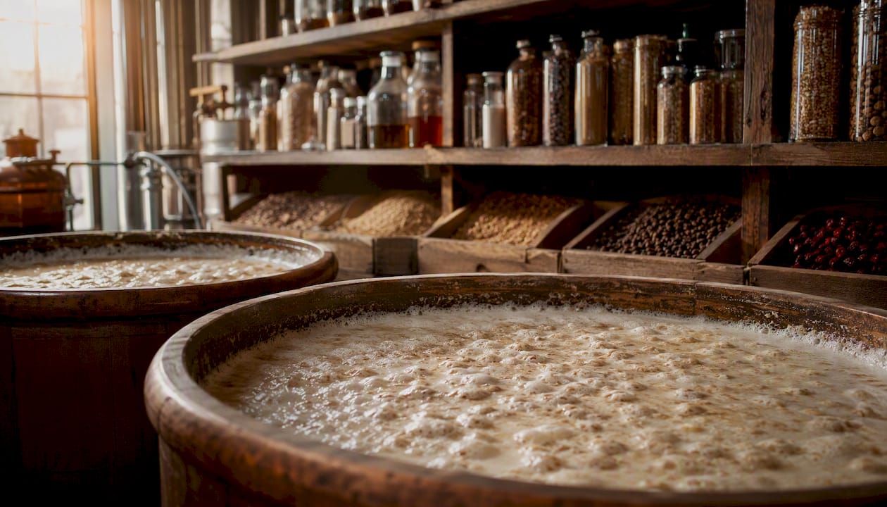 Fermentation vessels and grains in distillery