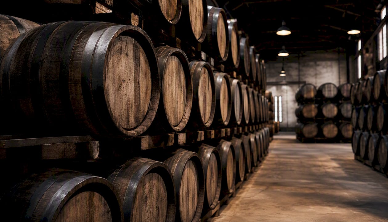 Oak barrels aging whisky in warehouse