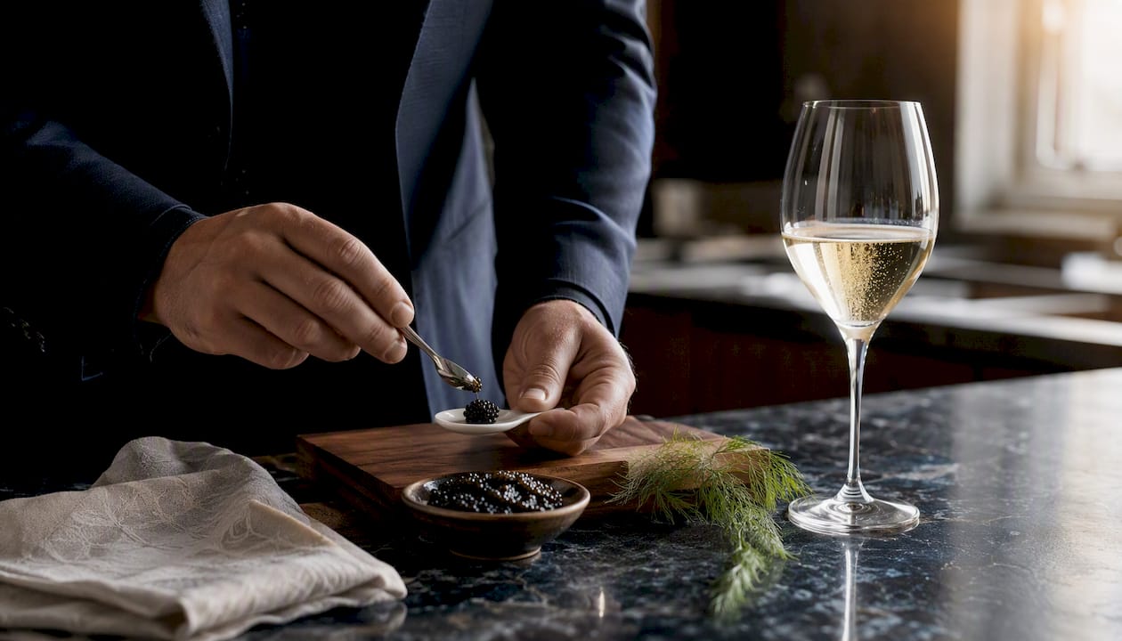 Sommelier pairing caviar with wine