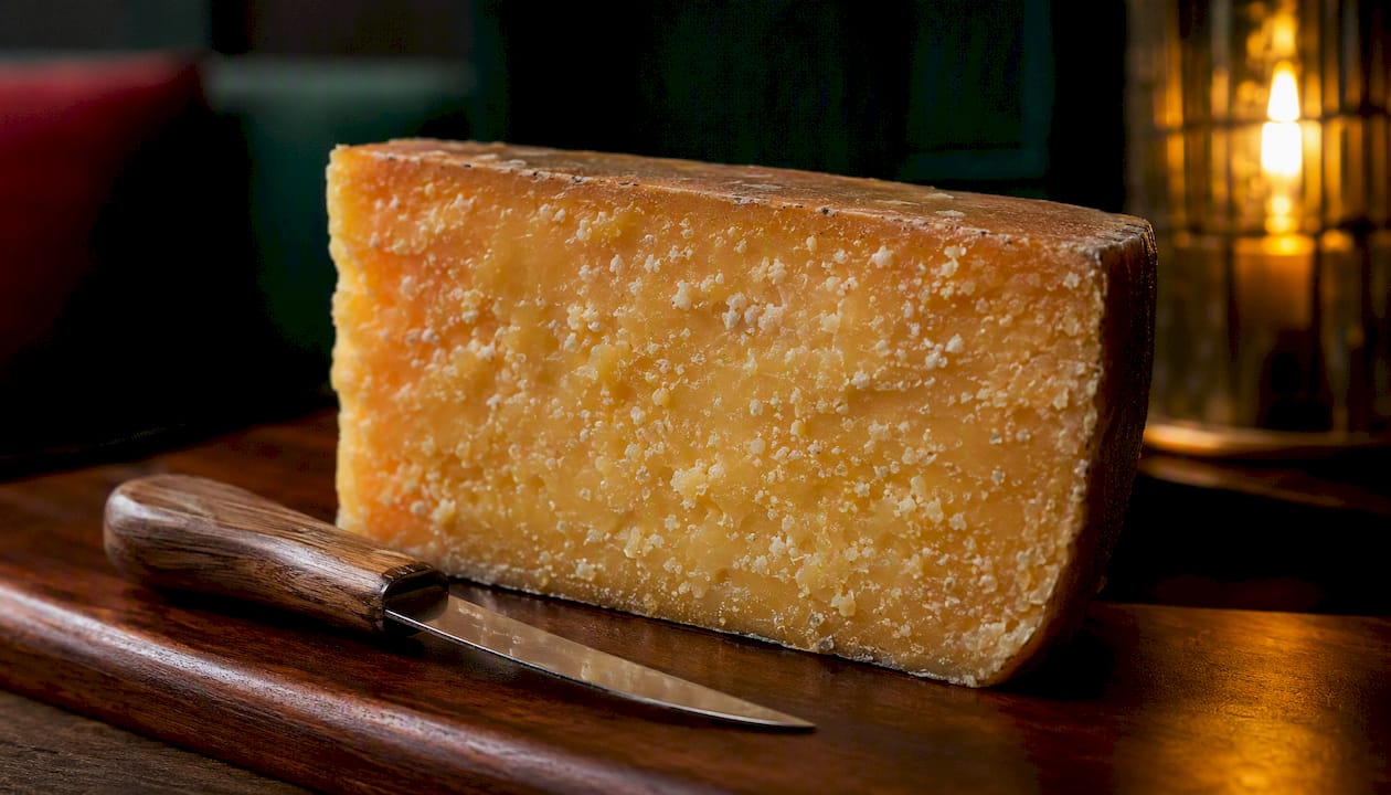 Wedge of aged Gouda cheese showing texture and crystals