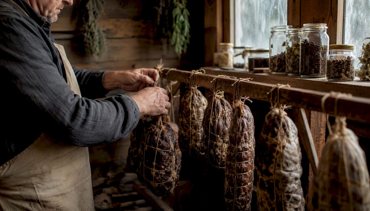 Hands tying cured salumi in cellar