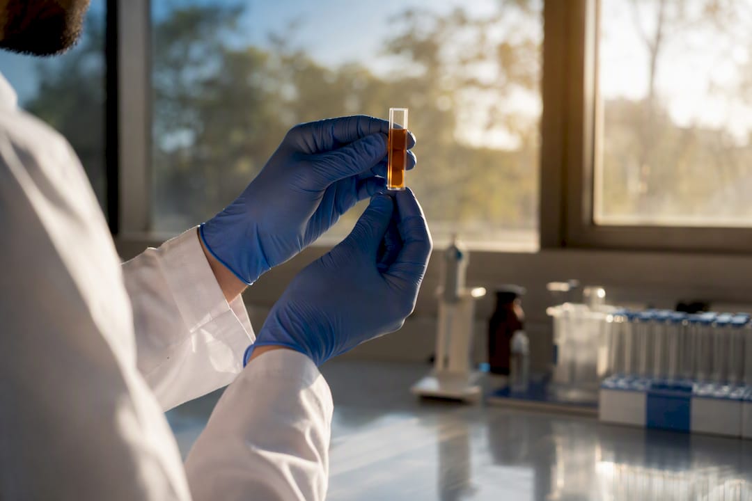 Gloved hands holding saffron extract cuvette in lab