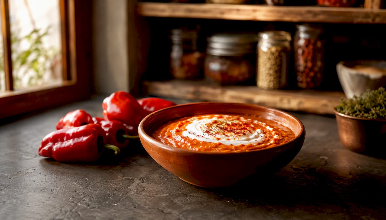 Smoky roasted piquillo pepper sauce bowl with cream drizzle