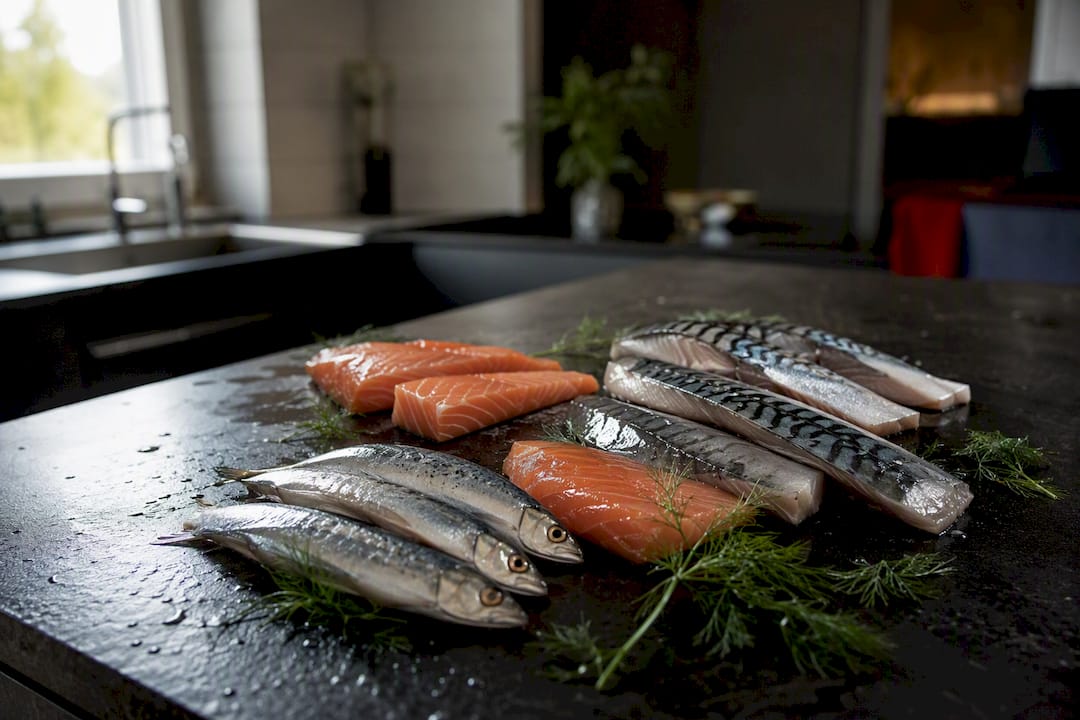 Three bowls with sardines, mackerel and salmon