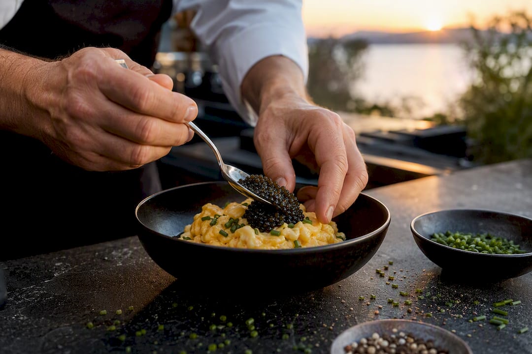 Chef folding Osetra caviar into creamy scrambled eggs