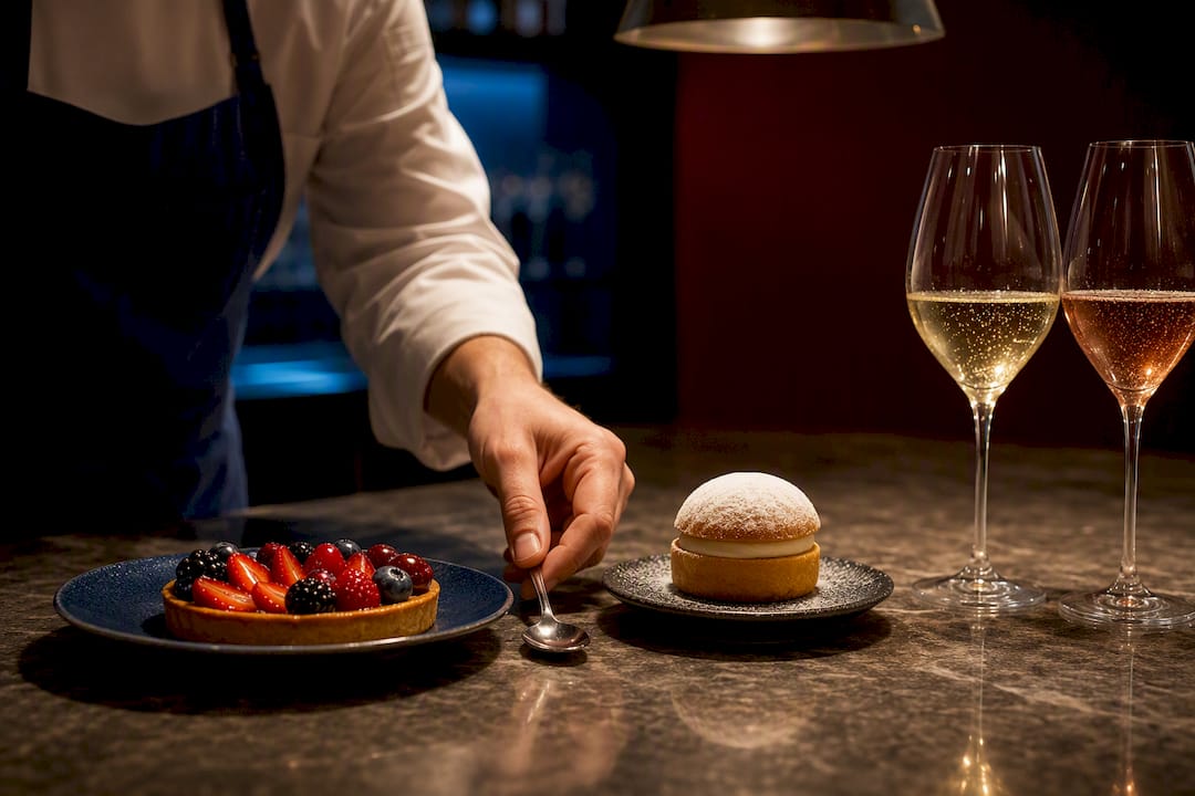Fruit dessert beside Champagne glasses