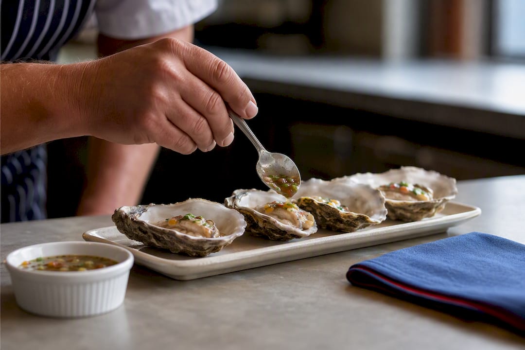 Cook adding dressing to prepared oysters