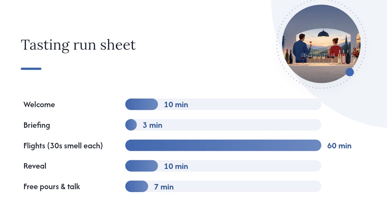 Ninety-minute wine tasting pacing timeline