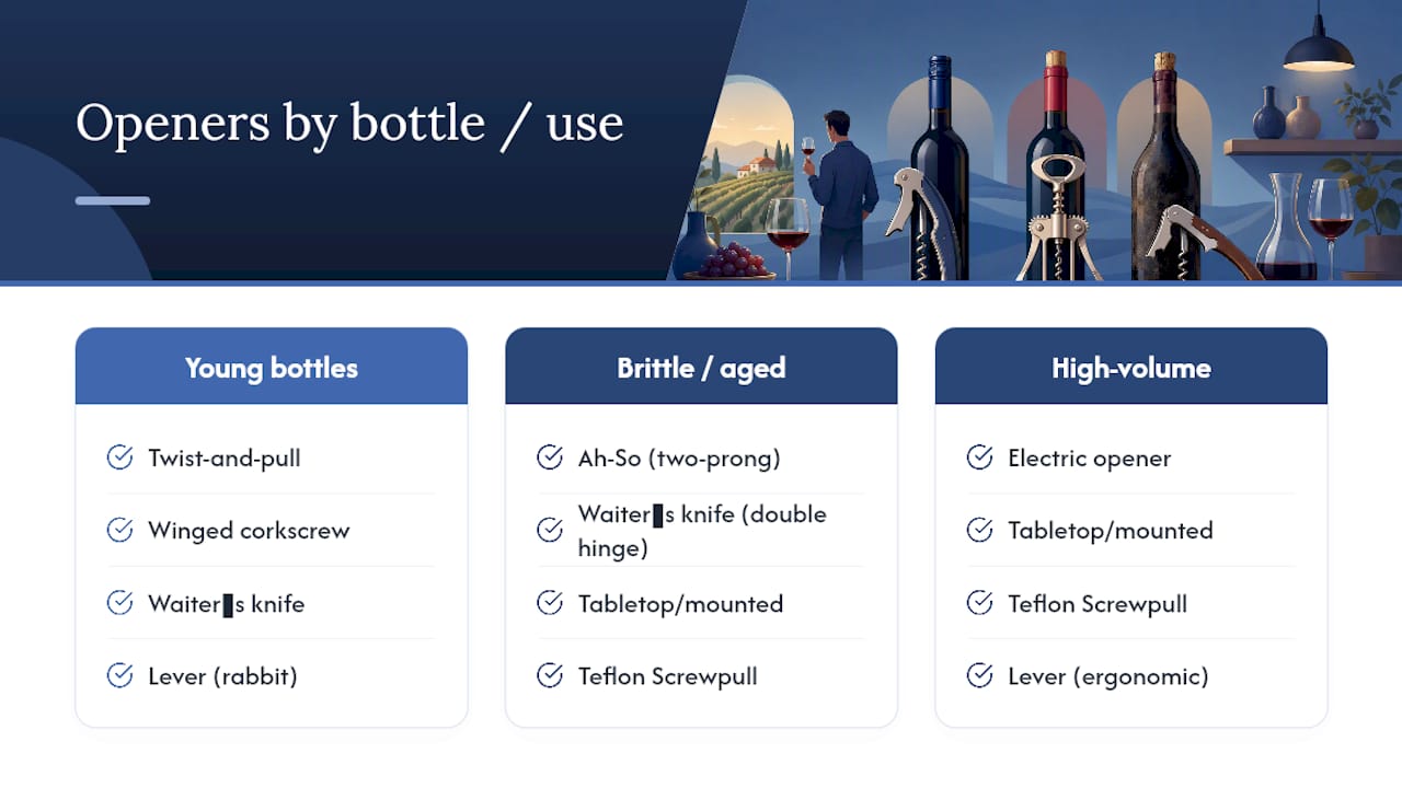 Wine opener types matched to cork conditions