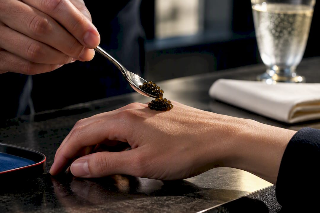 Server placing caviar with a clean spoon