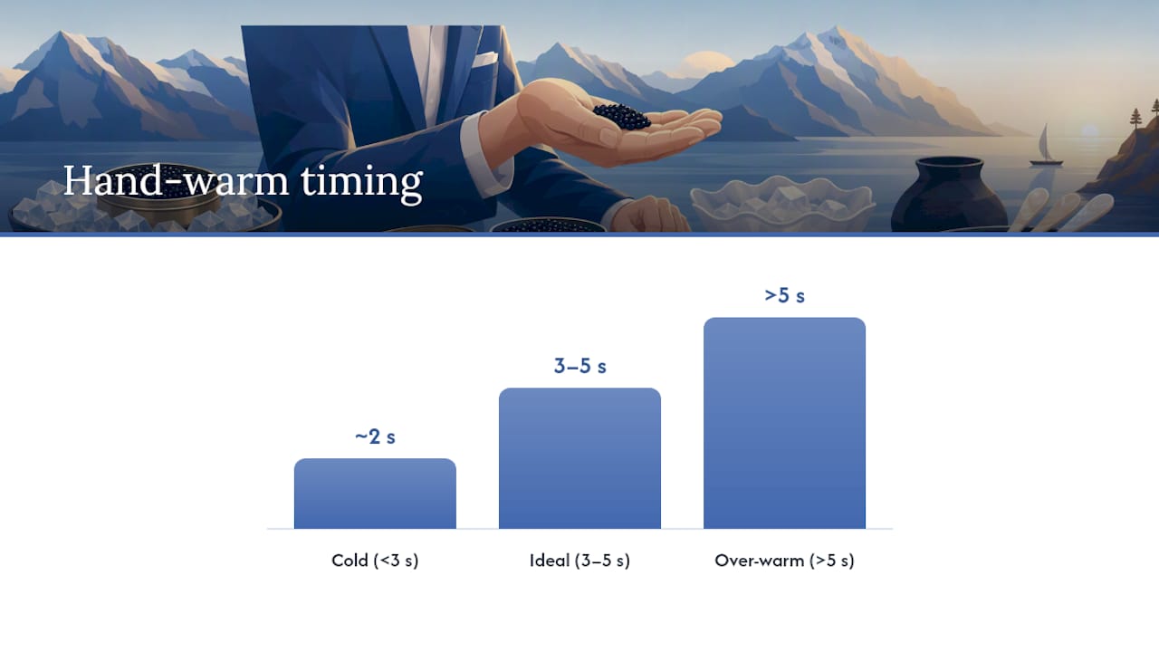 Three-to-five-second caviar warming timeline