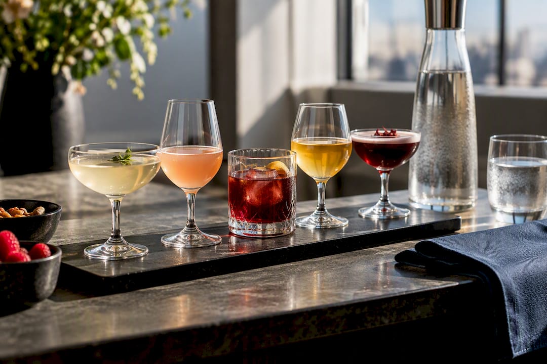 Premium alcohol-free tasting flight on service ledge
