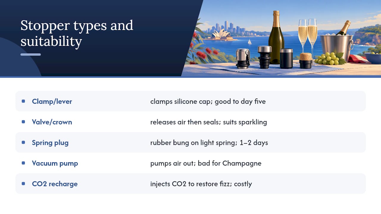 Comparison of five Champagne stopper types