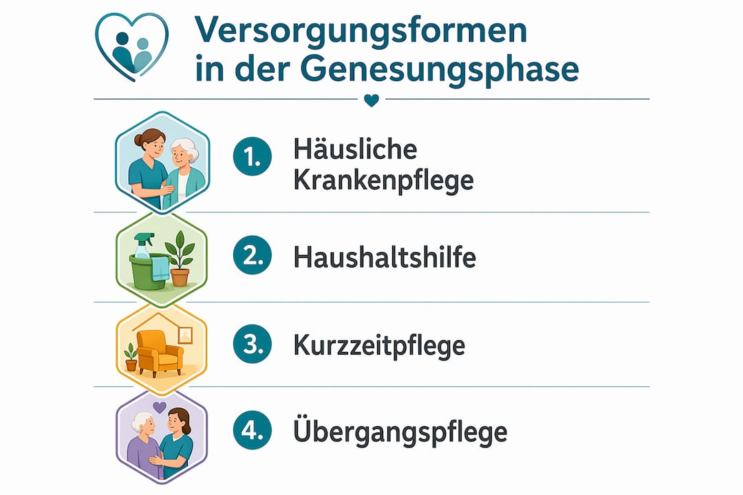 Die Infografik gibt einen Überblick über verschiedene Versorgungsmöglichkeiten während der Genesungsphase.
