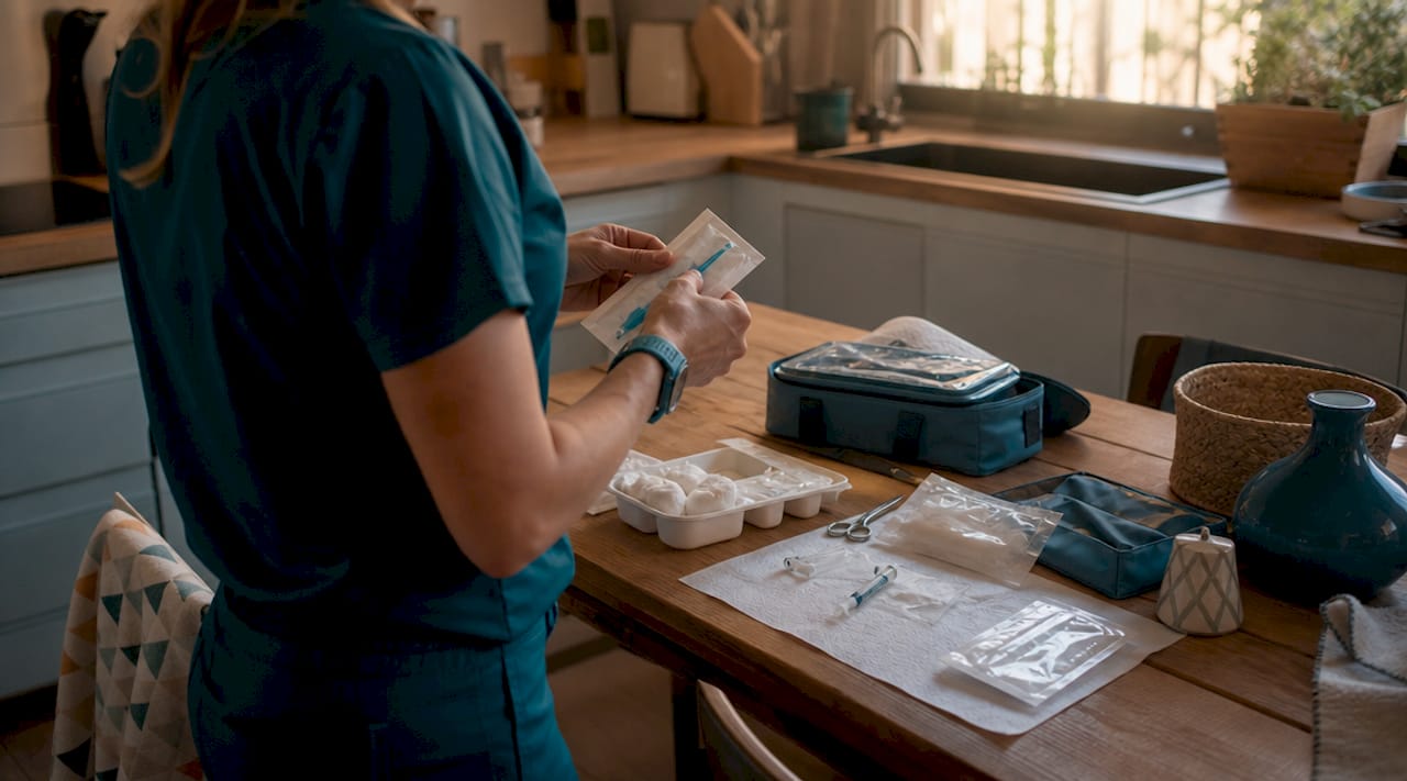 Eine Pflegefachkraft richtet das benötigte medizinische Material für die bevorstehende Behandlung her.