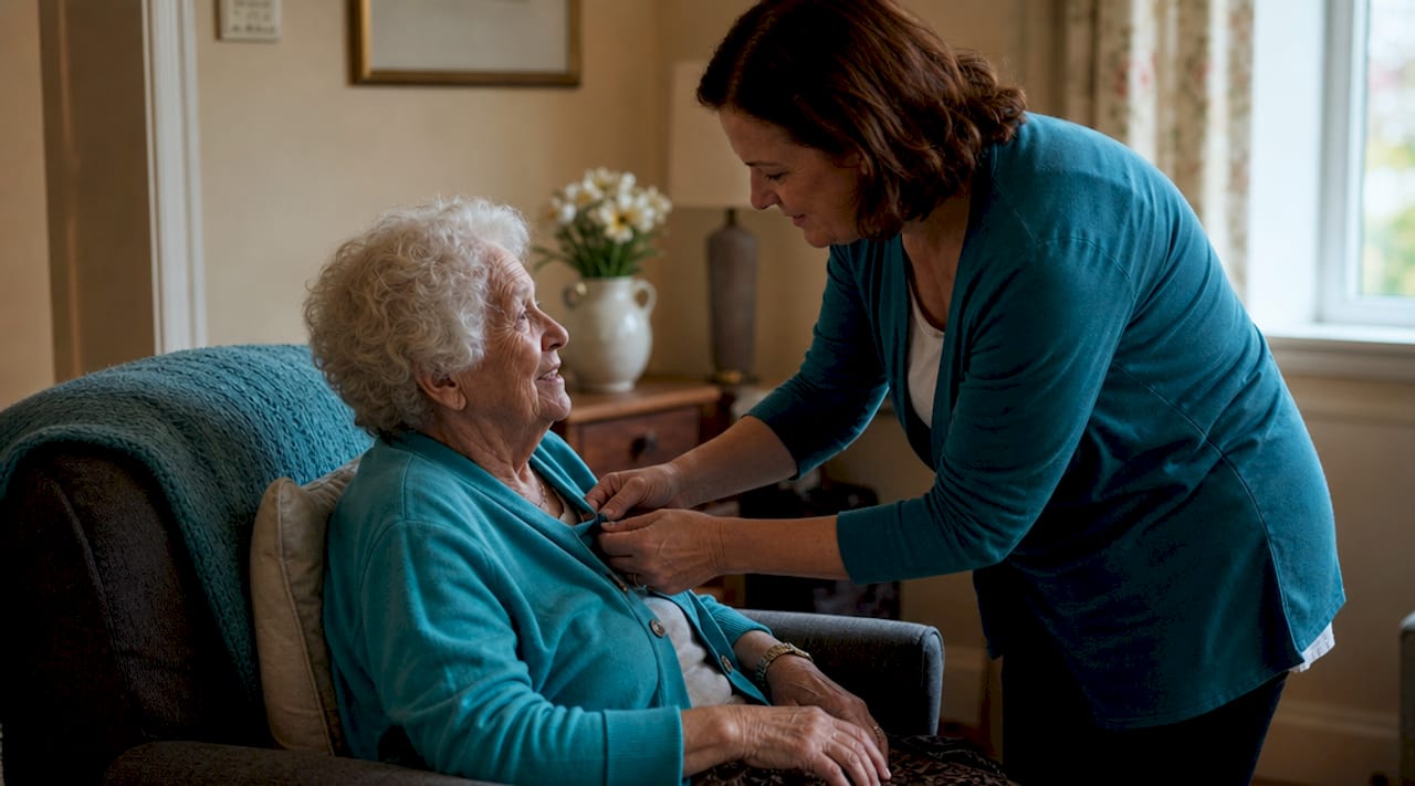 Eine Pflegekraft unterstützt eine Seniorin dabei, sich anzuziehen.