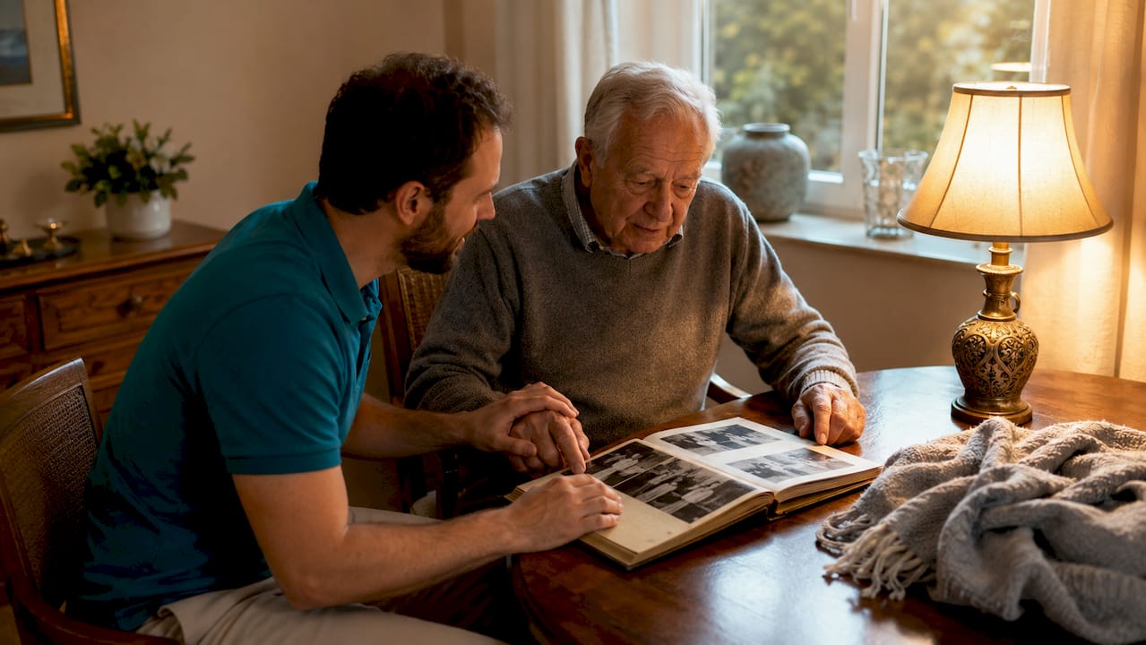 Im Wohnzimmer führt der Betreuer ein einfühlsames Gespräch mit der Seniorin, die an Demenz erkrankt ist.