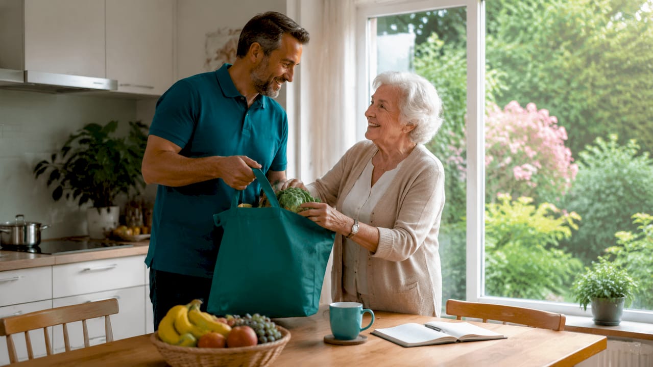 Eine Alltagshilfe unterstützt eine Seniorin dabei, ihre Einkäufe bequem von zu Hause aus zu erledigen.