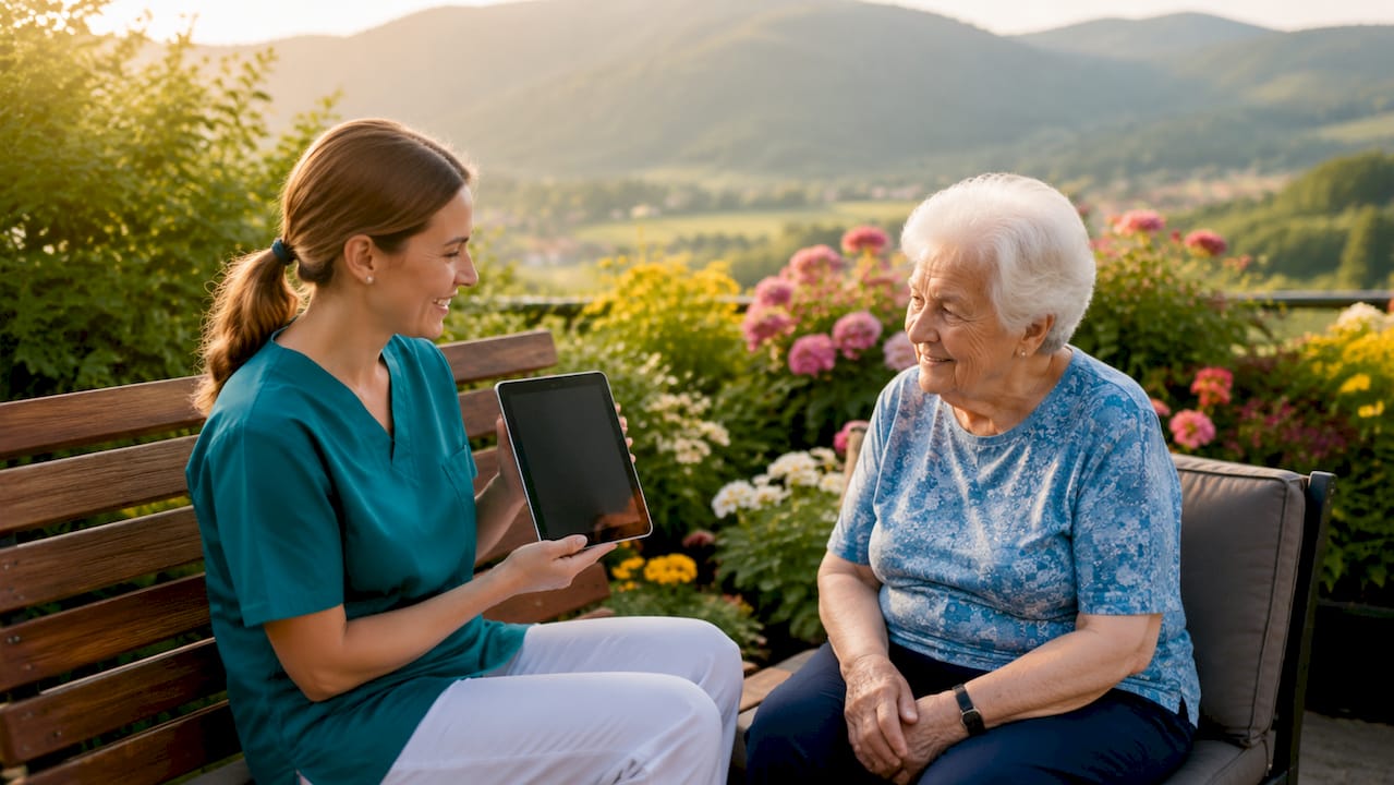 Eine Pflegekraft berät eine Seniorin zu Hause mithilfe eines Tablets.