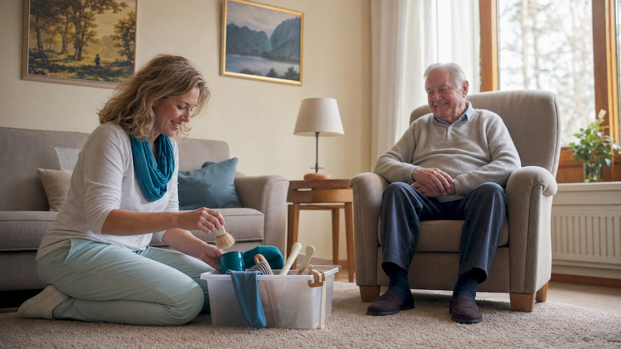 Eine junge Helferin bereitet im Zimmer einer Seniorin alles für die Haushaltshilfe vor.