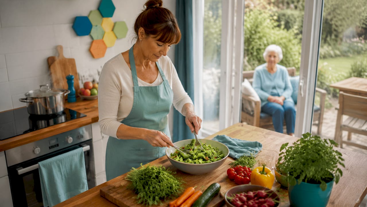 Eine Alltagshelferin unterstützt eine Seniorin beim gemeinsamen Kochen in der Küche.