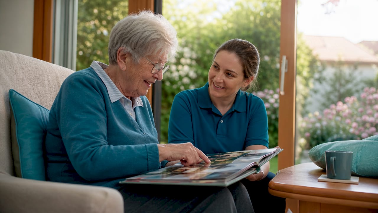 Eine Pflegekraft und eine Seniorin sitzen gemeinsam auf dem Sofa und haben sichtlich Spaß miteinander.